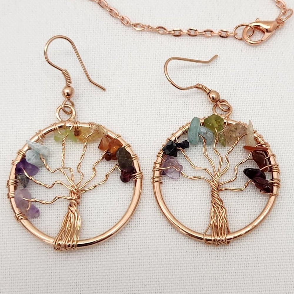 Tree Of Life Genuine Gemstones Pendant Necklace And Earrings #612 NWOT - Picture 8 of 11